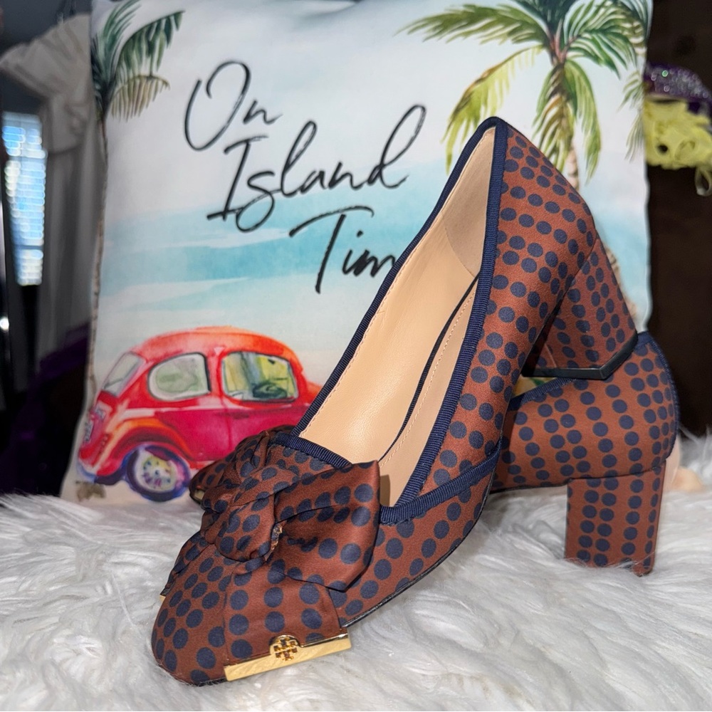 Tory Burch Bow Accent Polka Dot Chunky Heels In Brown & Navy Blue Size 7.5 - Picture 2 of 14